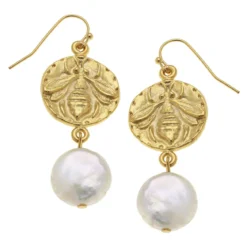 Bee Intaglio + Pearl Drop Earrings