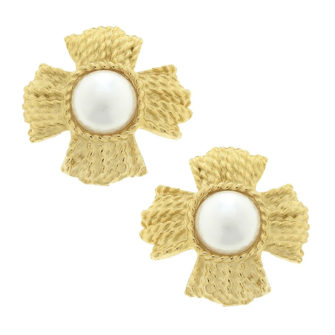 Braided Cross Pearl Studs