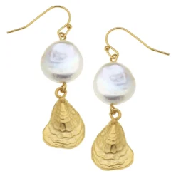 Coin Pearl Oyster Drop Earrings