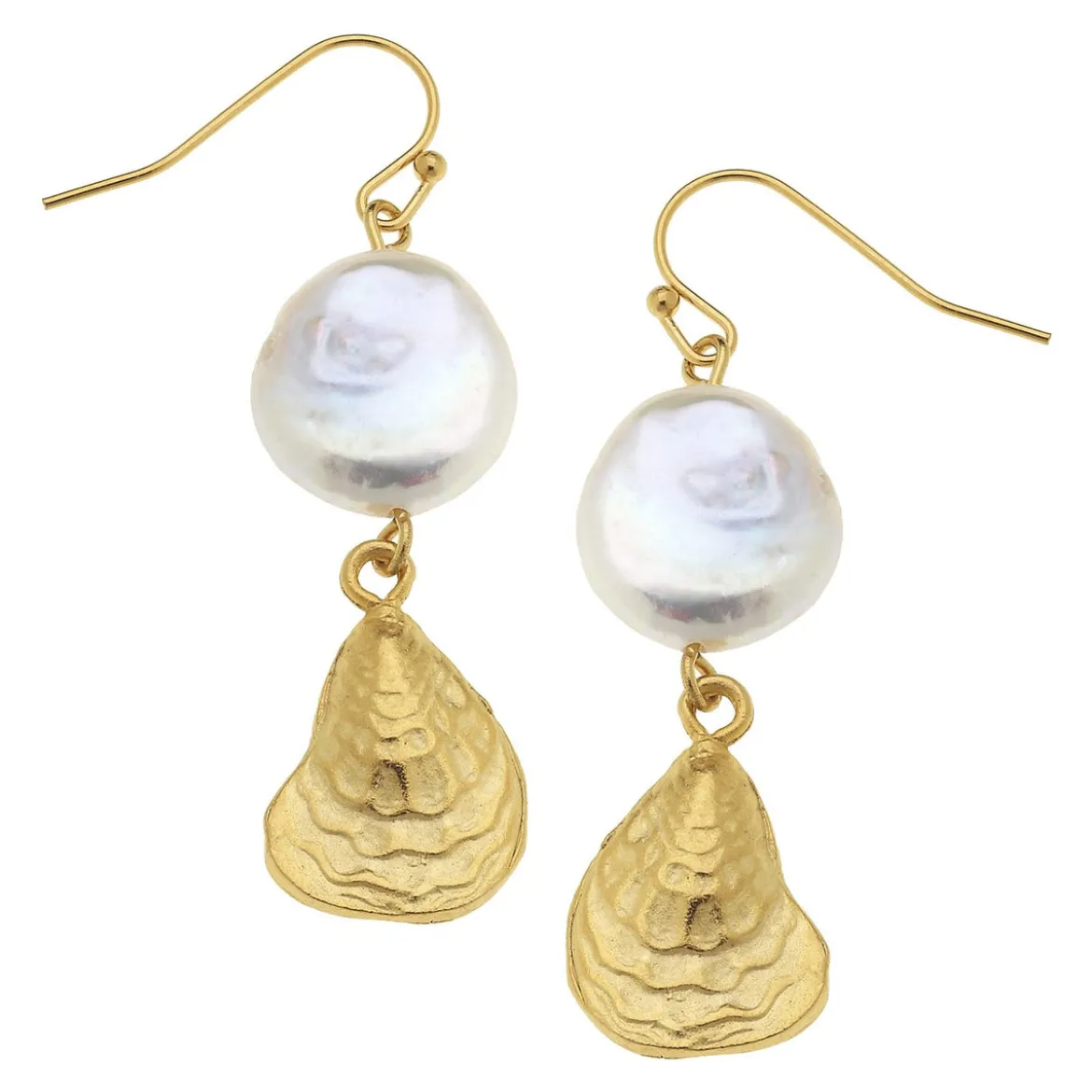 Coin Pearl Oyster Drop Earrings