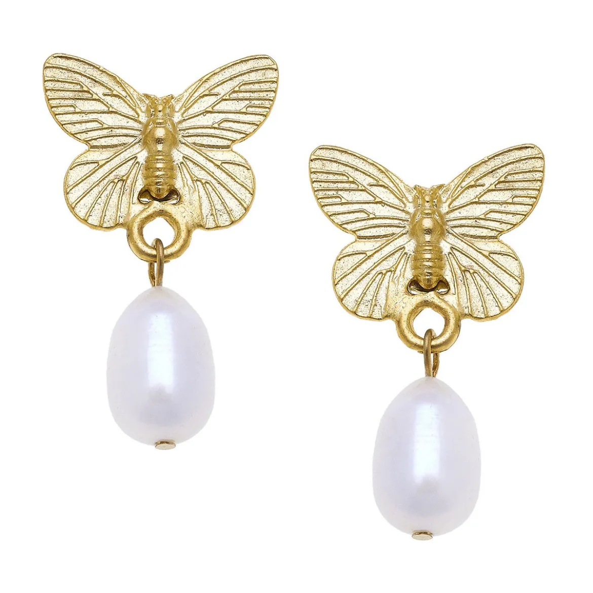 Gold Butterfly + Pearl Drop Earrings
