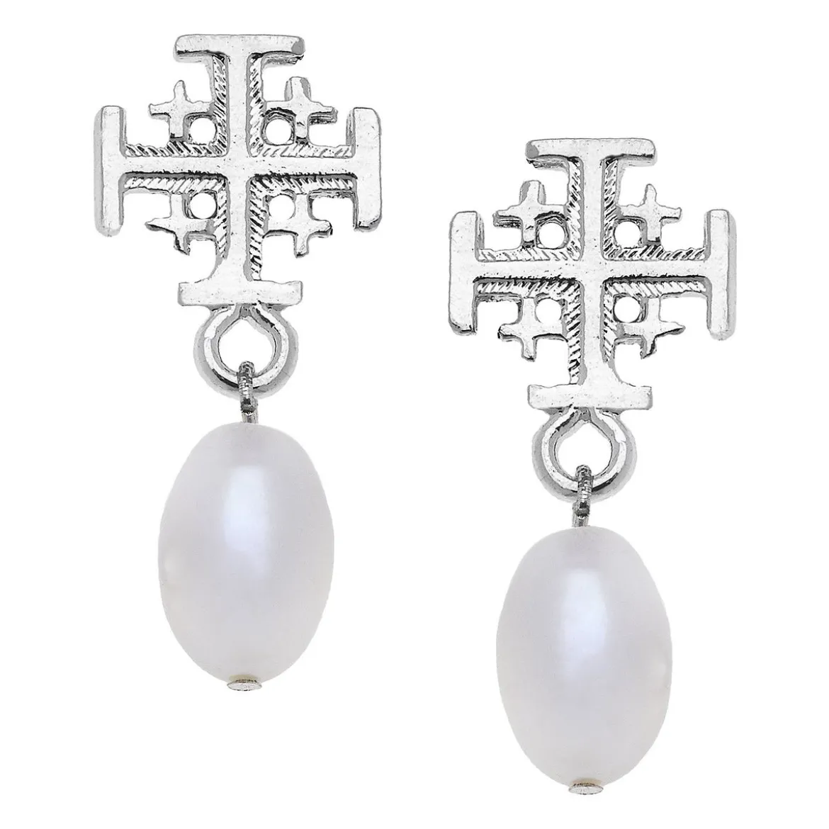 Jerusalem Cross Drop Pearl Earrings