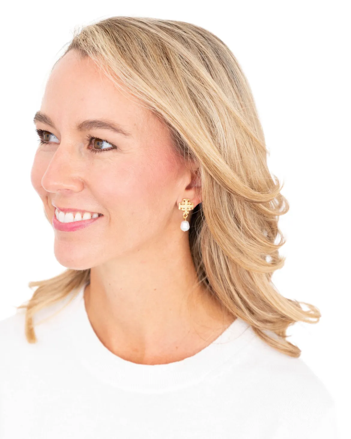 Jerusalem Cross Drop Pearl Earrings