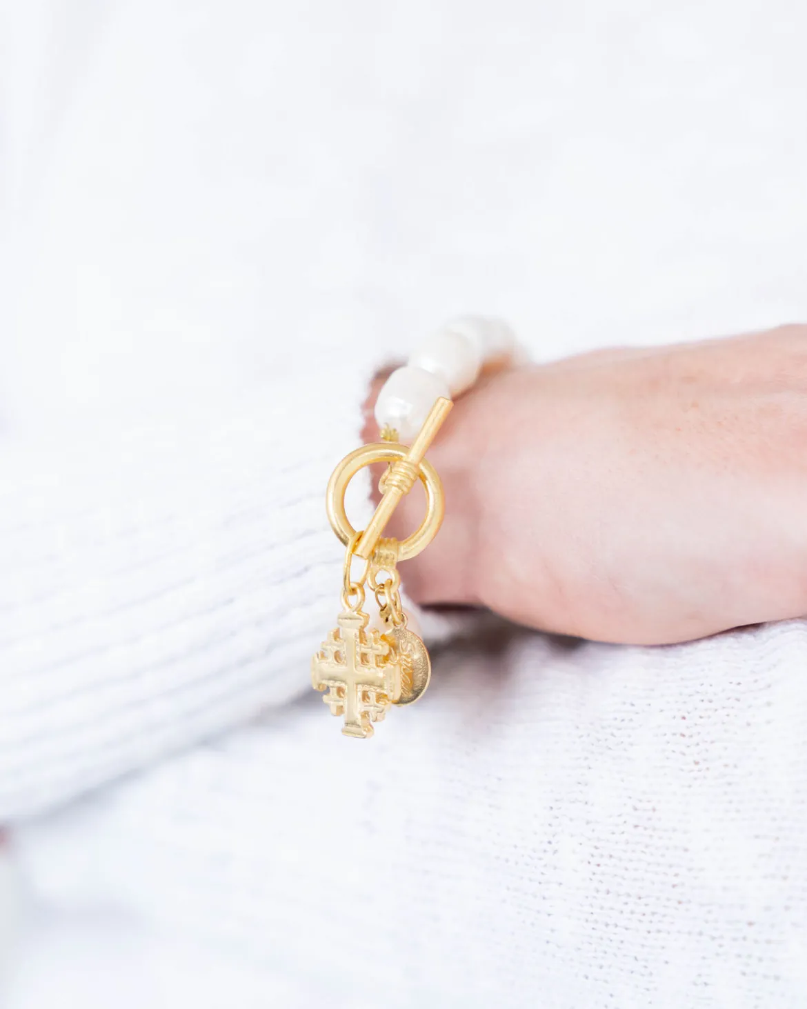 Jerusalem Cross Pearl Bracelet