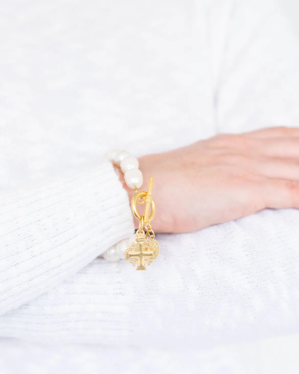Jerusalem Cross Pearl Bracelet