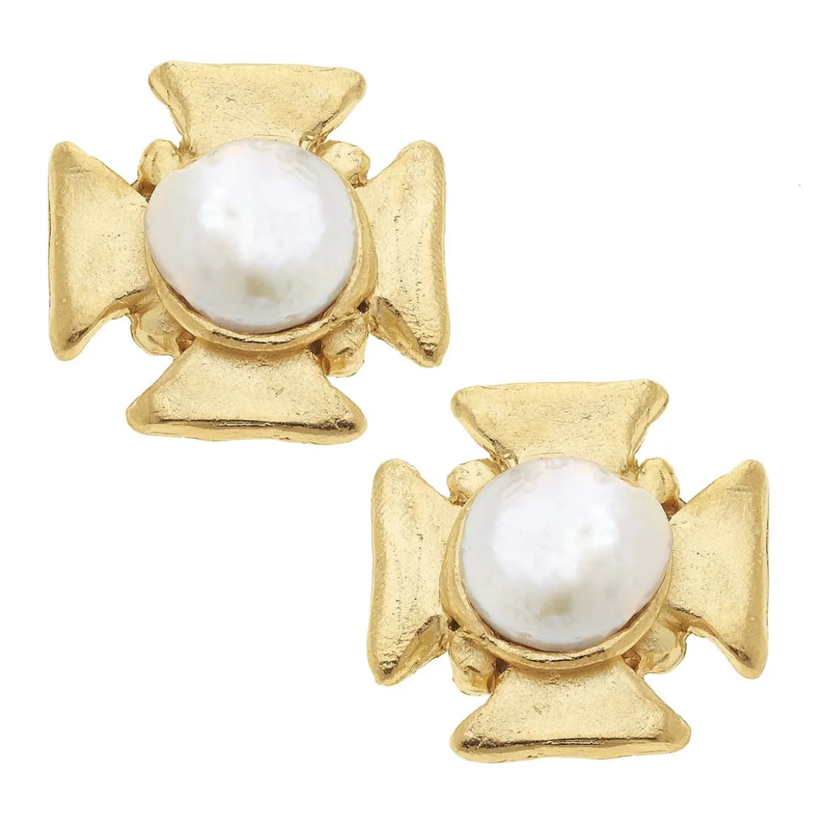 Maltese Cross Pearl Studs