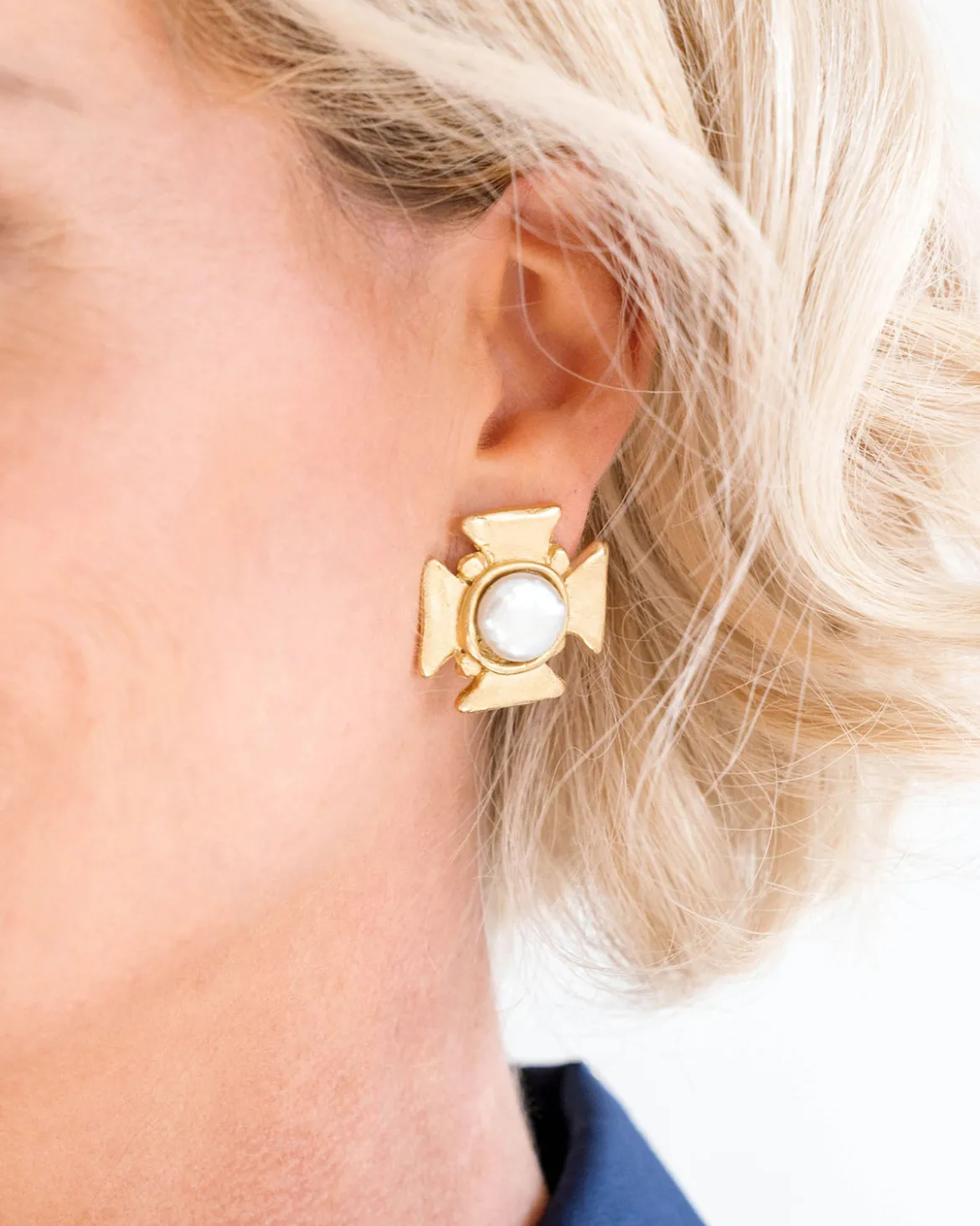 Maltese Cross Pearl Studs
