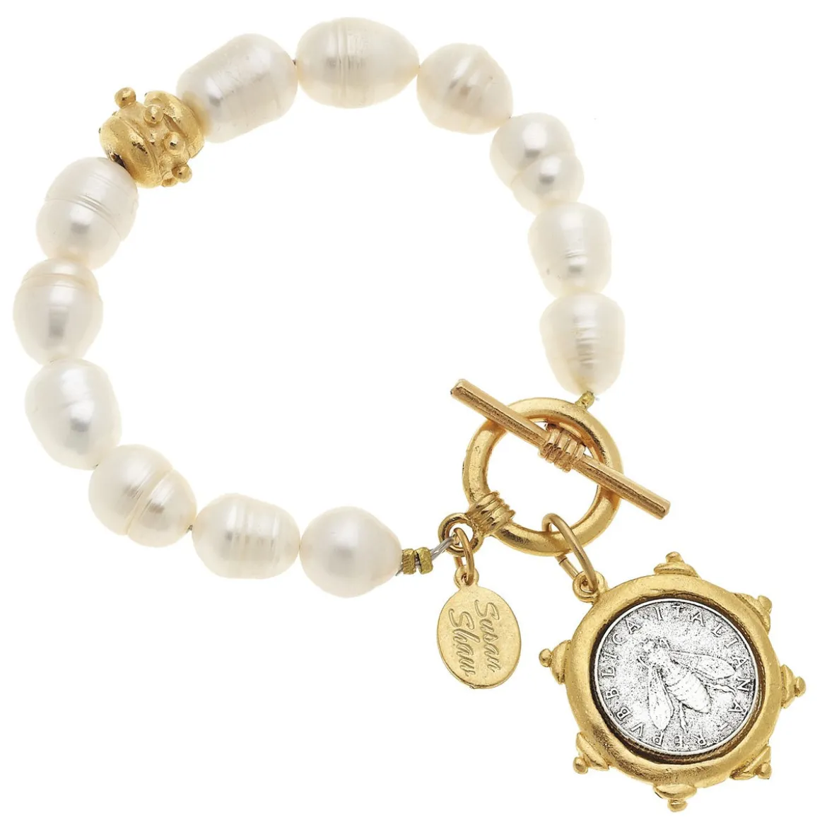 Mixed Metal Bee Coin Pearl Bracelet