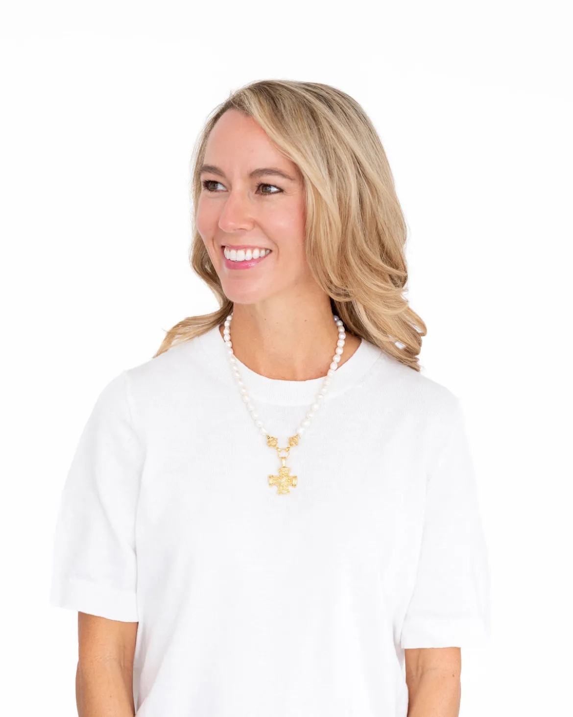 Squared French Cross Pearl Necklace