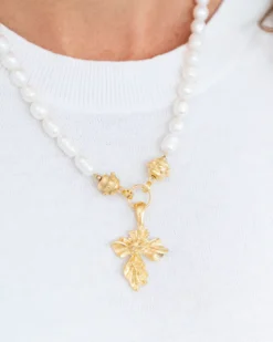 Vintage Gold Cross Pearl Necklace